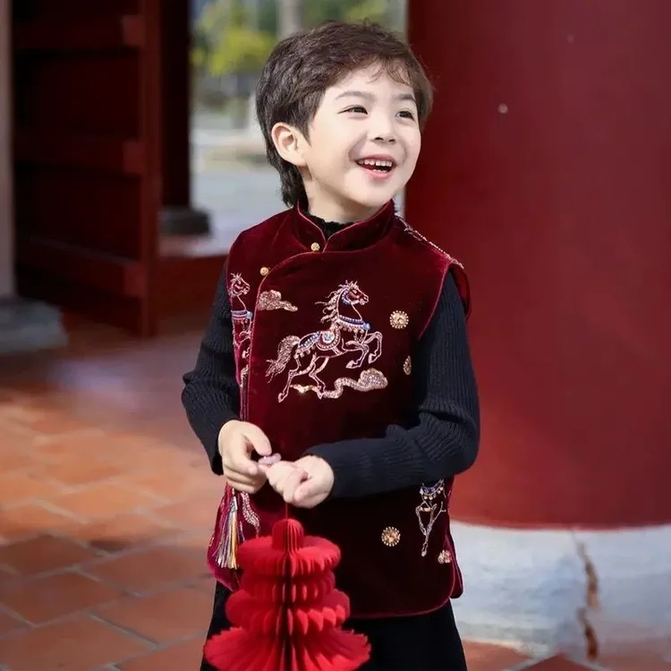 男童拜年服冬季加棉马甲背心马年新款国风上衣新中式女童旗袍唐装