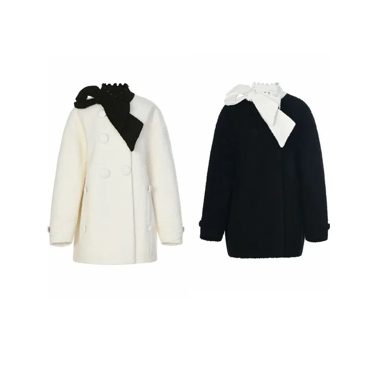 【若汐专属】（温柔白月光）蝴蝶结黑白撞色米白色羊毛呢中长款外套25
