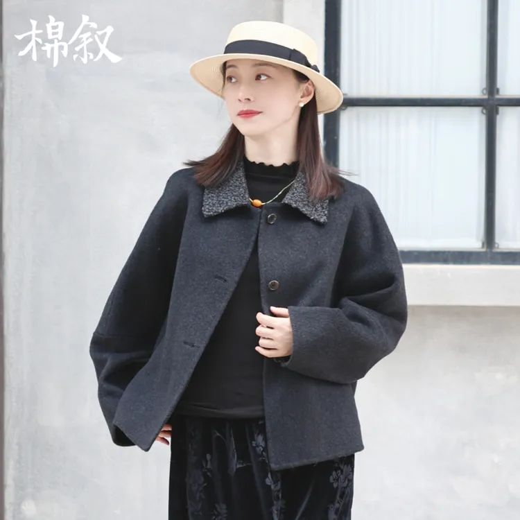 棉叙天丝羊毛双面呢短款外套女翻领纯色时尚毛呢外套秋冬15257