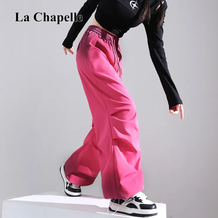 拉夏贝尔美式渐变扎染工装阔腿裤女2025新款松紧腰休闲直筒速干裤