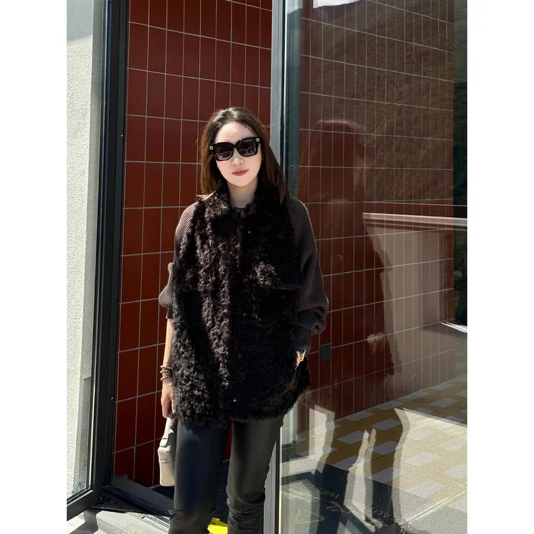 JESSICA WU深棕色奢华皮草拼接针织高质感短外套2539G07008