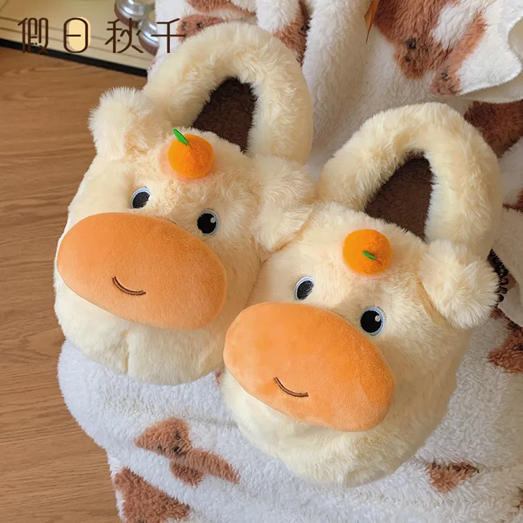 可爱噜噜棉拖鞋女冬季水豚情侣男女外穿居家室内保暖全包跟棉鞋
