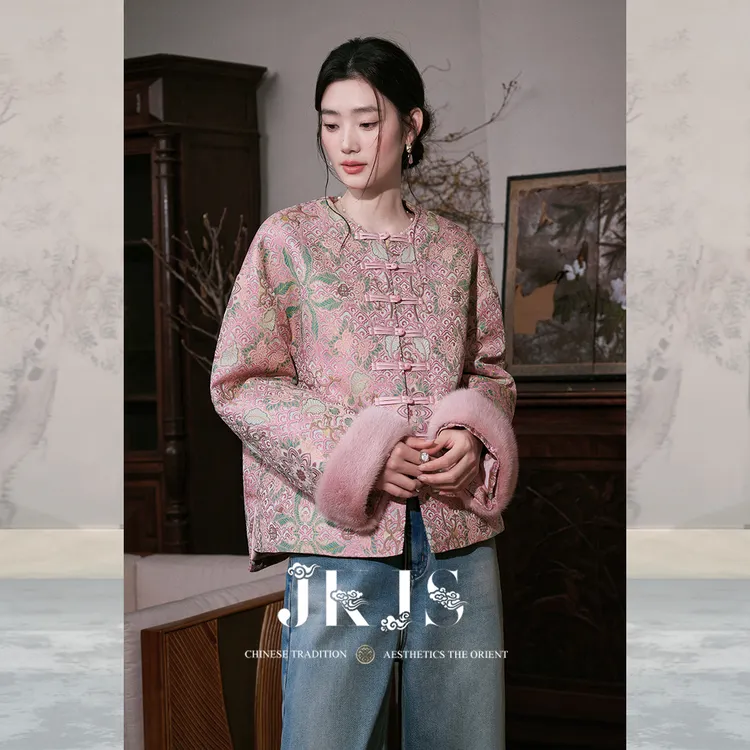 JKJS【繁花暖】金丝提花 盘扣棉衣冬装新中式羊毛填充棉服外套