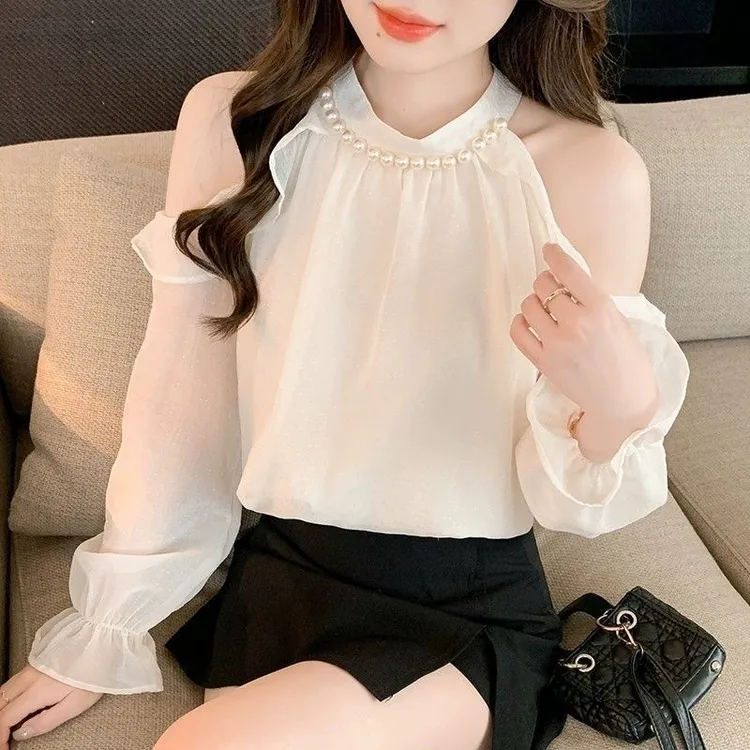 纯欲辣妹挂脖露肩上衣女春季小香风喇叭袖雪纺衬衫名媛宫廷风衬衣