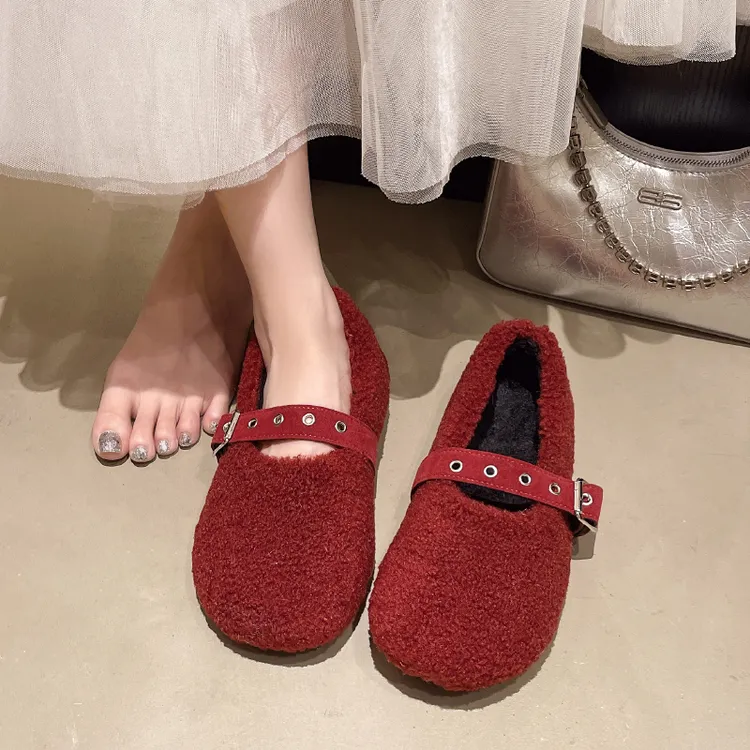 安哥拉红毛毛鞋女冬季加绒保暖网红百搭豆豆鞋2025新款洋气棉瓢鞋