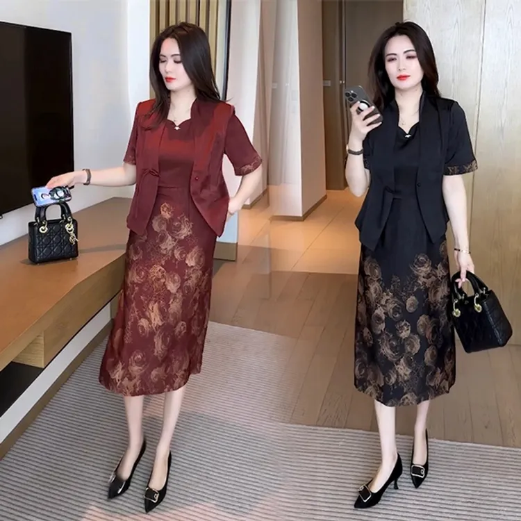 夏季新款穿搭新中式气质显瘦洋气时尚盘扣短袖套裙套装裙子减龄