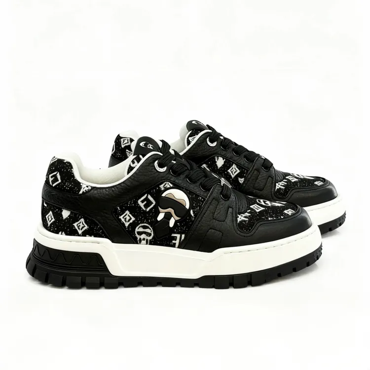 LAOFOYE老佛爷黑色板鞋男士提花刺绣时尚休闲潮流中低帮 FD 50015