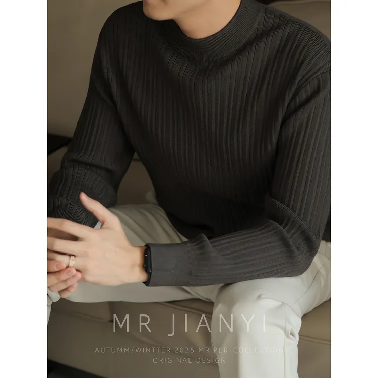 MR JIANYI秋冬轻熟竖纹坑条感圆领长袖打底针织衫百搭内搭毛衣男
