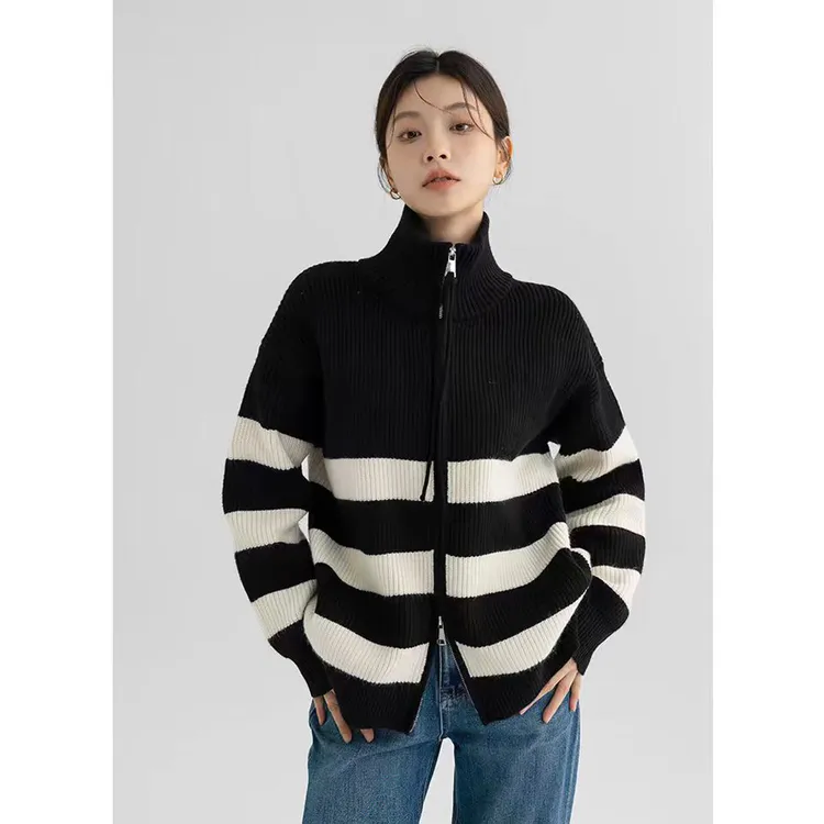 秋冬季2025年新款半高领拉链条纹撞色毛衣女长袖小个子针织衫上衣