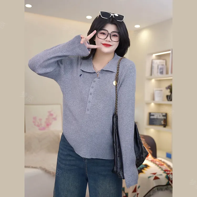 梦丞-显瘦遮肉冬季大码女装百搭简约风减龄长袖翻领针织衫上衣女