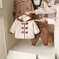 冬季婴儿宝宝加绒小熊套装儿童冬天连帽外套新生儿保暖简约外出服