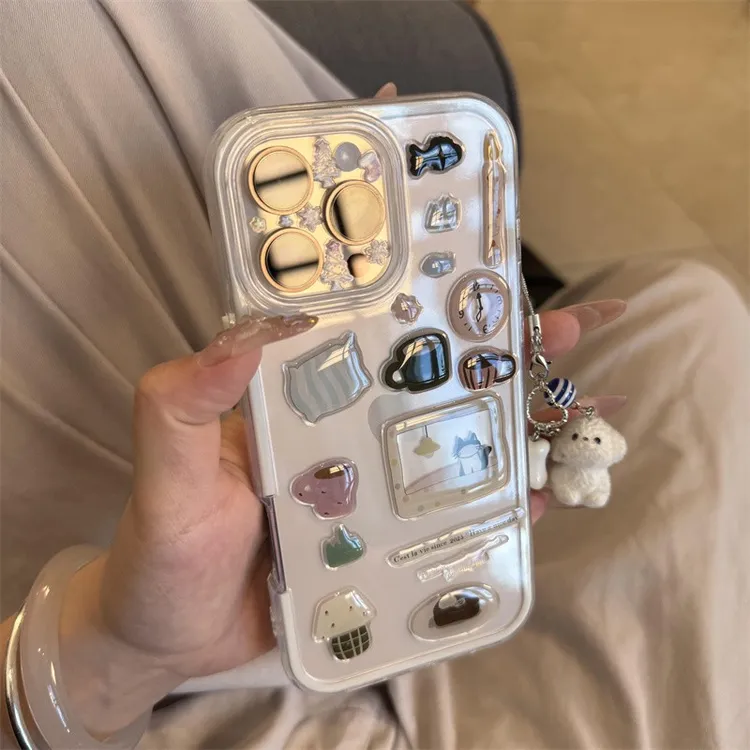 闹钟小黑猫贴纸适用苹果16promax手机壳15pro新14女13防摔12/11