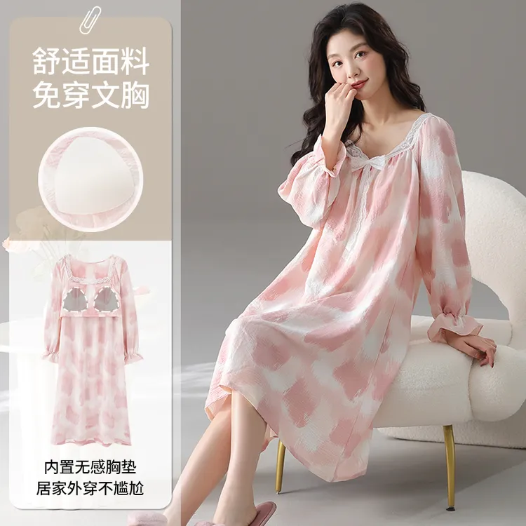 带胸垫绝美睡裙女春秋季长袖纯棉2025新款睡衣女中长款纯棉居家裙