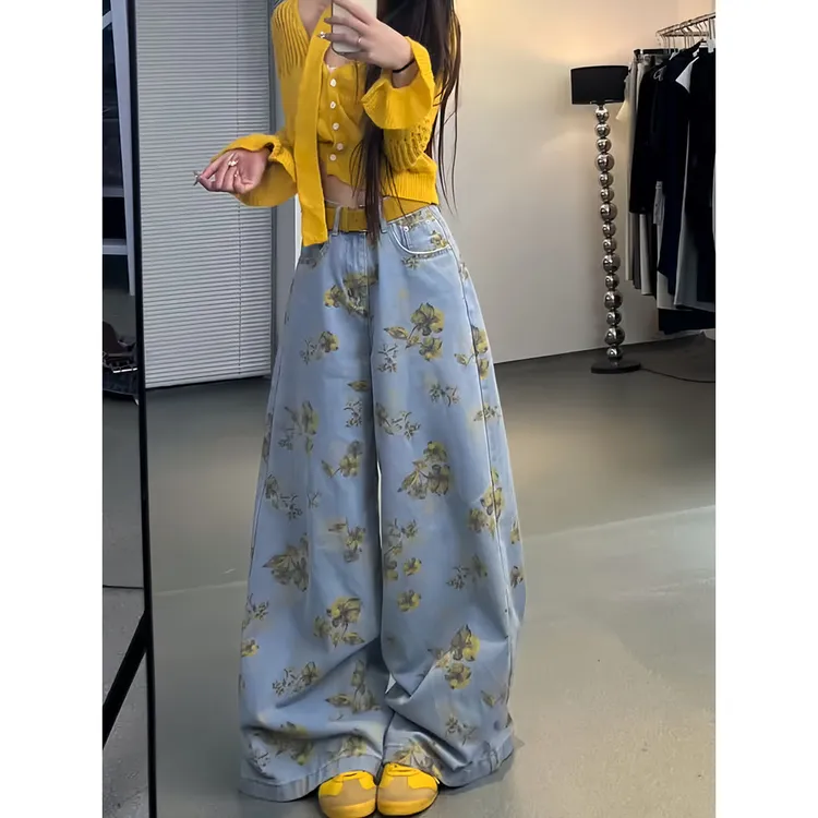 美式花朵图案阔腿牛仔裤女2025夏季高腰设计感宽松垂感显瘦阔腿裤