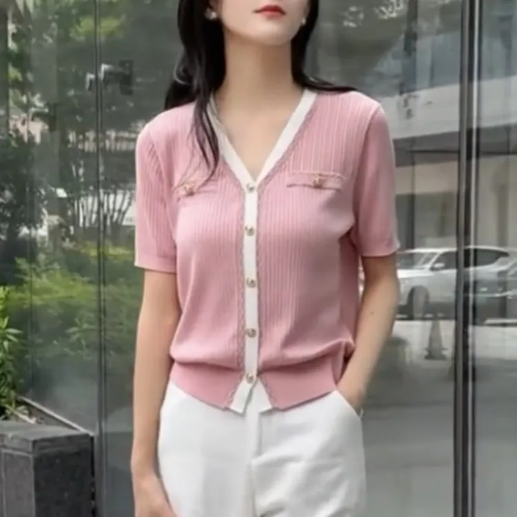 2025夏季新款小香风撞色V领短袖针织开衫减龄遮肉气质针织衫短袖