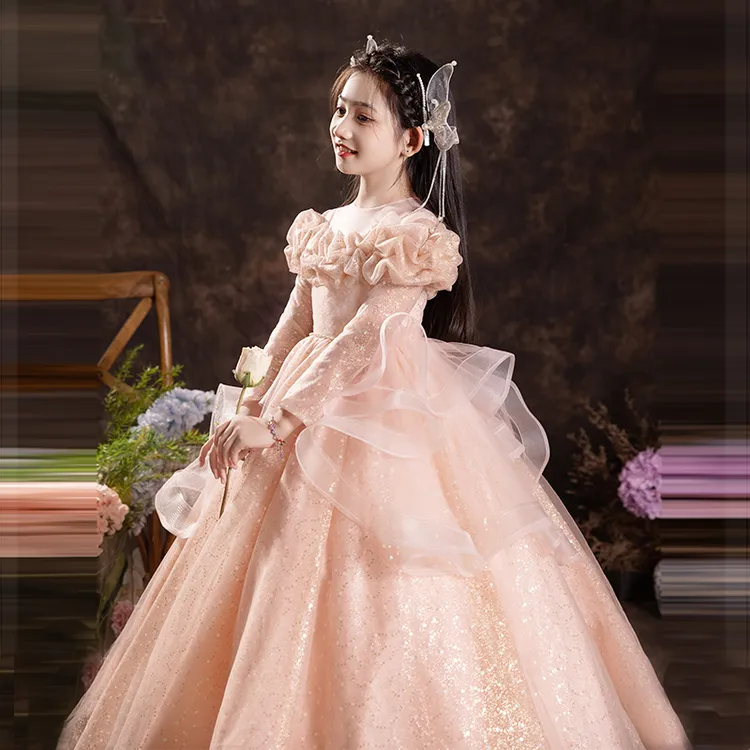 12岁女童生日宴服装气质儿童礼服纱裙花童婚礼小女孩长袖主持人