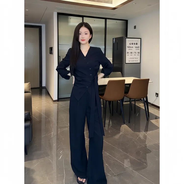 秋季新款洋气长袖气质百搭V领显瘦斜扣系带衬衫长裤套装两件套