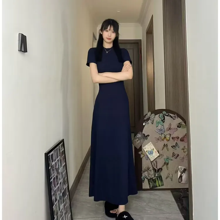 夏季圆领连衣裙套头气质长裙短袖修身显瘦休闲百搭收腰大摆长裙