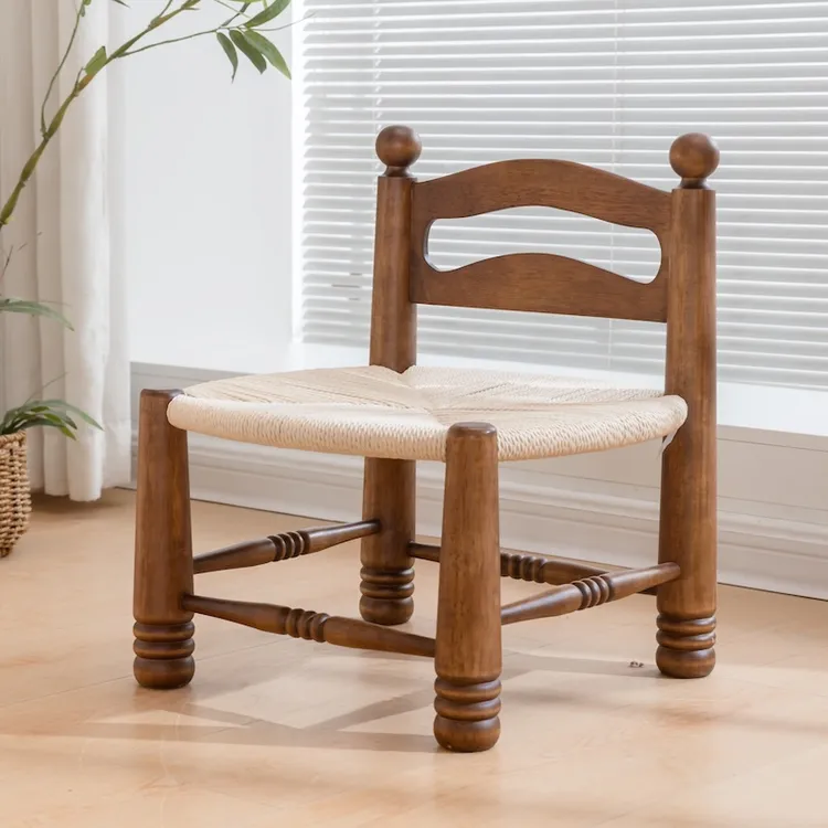 藤编法式中古矮椅子靠背椅实木小椅子矮凳换鞋凳复古茶椅矮脚椅