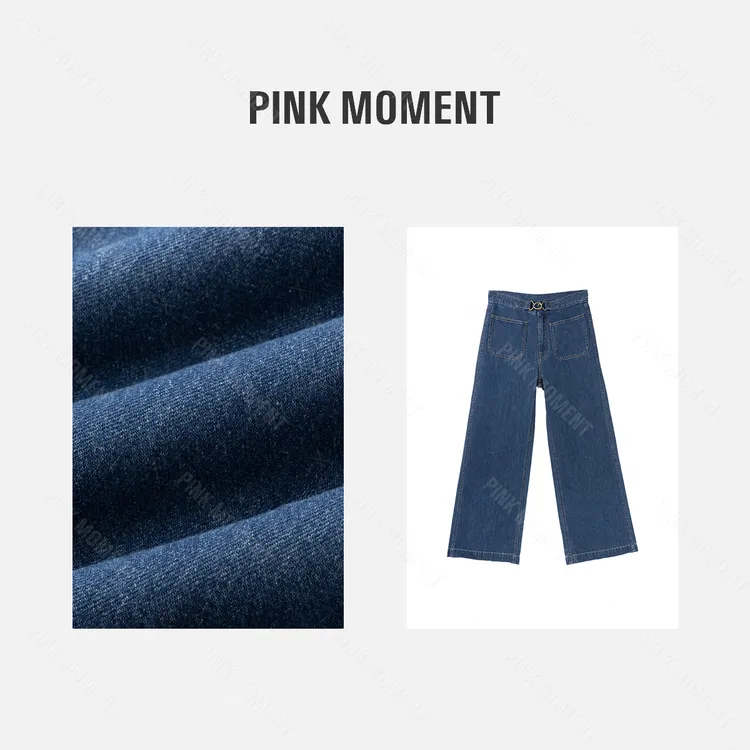 PM王囡囡 蓝色交叉搭扣反穿口袋设计直筒阔腿牛仔裤 ND1B1168