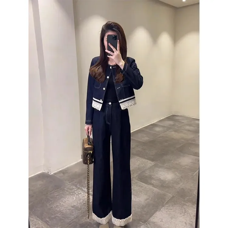 2025春季时尚牛仔套装女新款洋气质显瘦蕾丝拼接阔腿裤休闲两件套