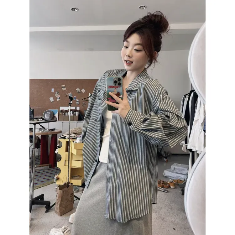 晶咕【盐系穿搭】设计师款可立领竖条纹韩系宽松ins风衬衫