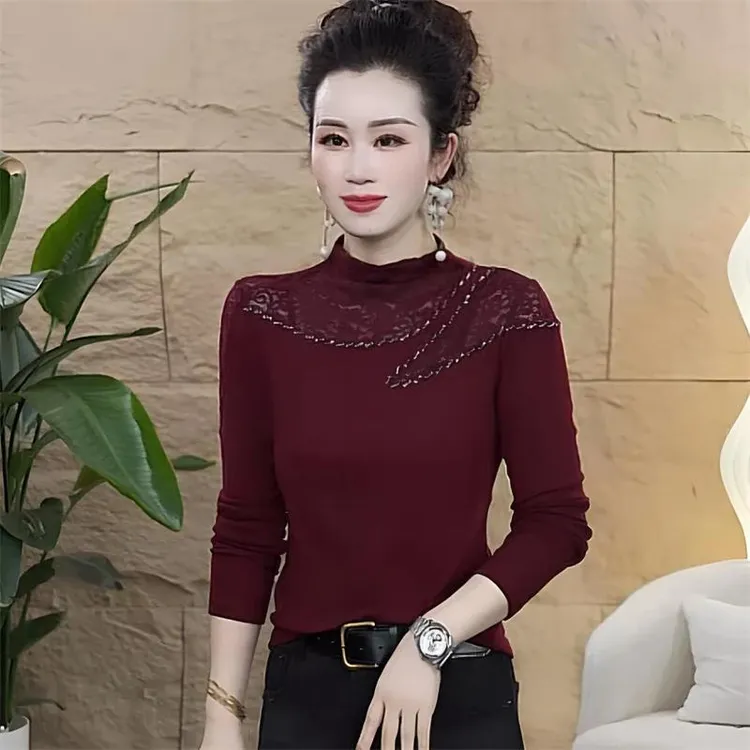 2025秋冬加绒半高领镂空钉珠设计感时尚显瘦小衫#9028