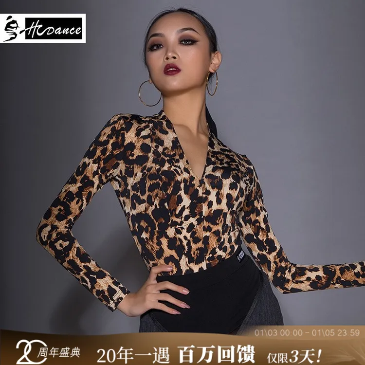 皇朝舞服摩登练功服女士摩登服衣服舞蹈上衣豹纹V领国标舞 A1186
