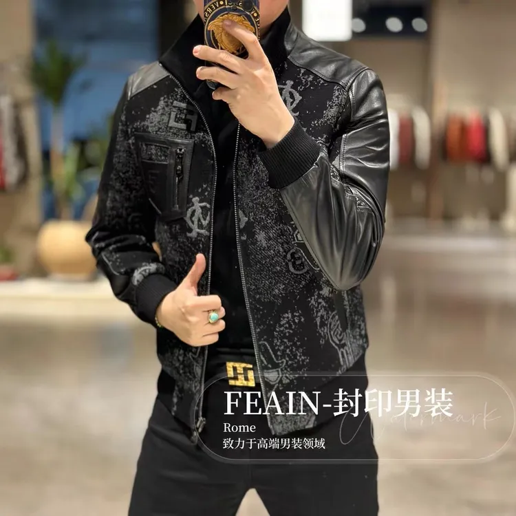 【羊皮拼接】高端定制羊毛混纺花纱飞织加棉真皮拼接夹克9908