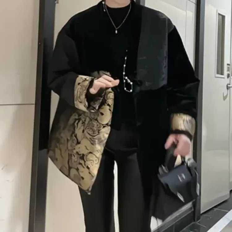 复古时尚个性时髦拼接撞色复古棉服外套显瘦潮