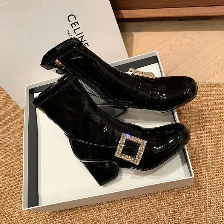 2025新款时装靴女秋冬季气质黑色女鞋时尚百搭粗跟高跟圆头RV水钻