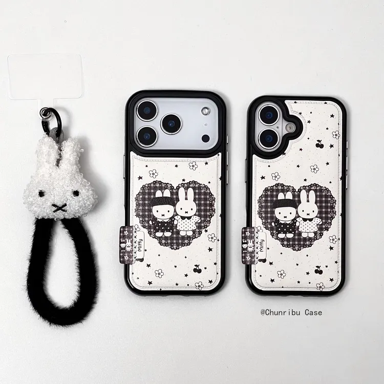 少女可爱卡通黑白格纹爱心米菲适用苹果17/16promax手机壳15/14