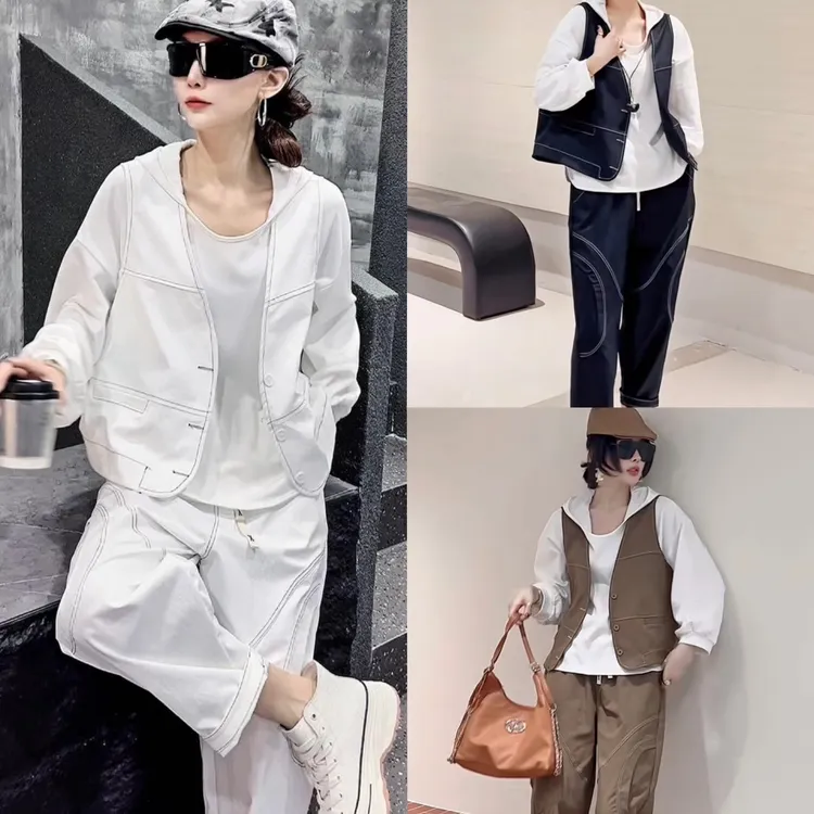 时尚轻奢新款休闲洋气显瘦松紧腰宽松百搭阔腿女裤套装1177，9601