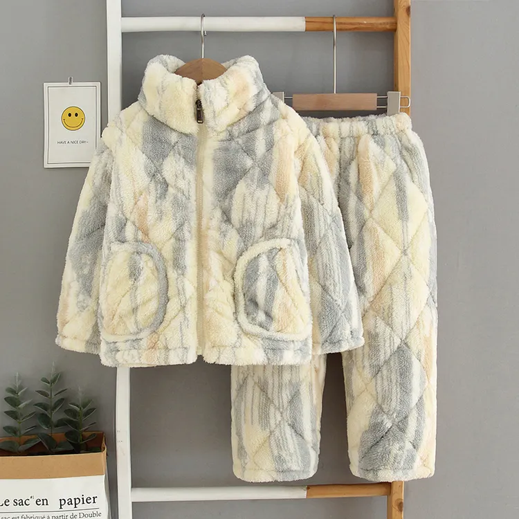 儿童睡衣男童女童冬季加厚款珊瑚绒夹棉亲子情侣法兰绒家居服套装