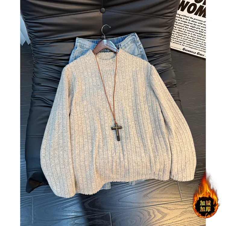 美式加绒加厚打底衫男女款秋冬长袖条纹卫衣内搭休闲上衣oversize