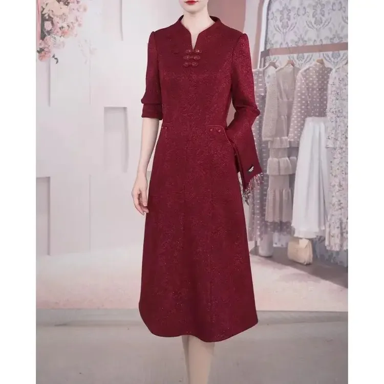 【梦雅衣橱】秋冬加绒加厚新中式时尚气质优雅婚宴精致红色连衣裙