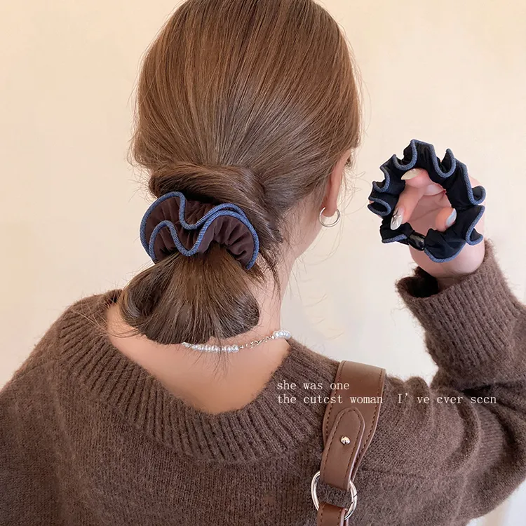 早秋新款咖色锁边布艺小肠发圈女时尚简约高弹力头绳百搭发绳发饰