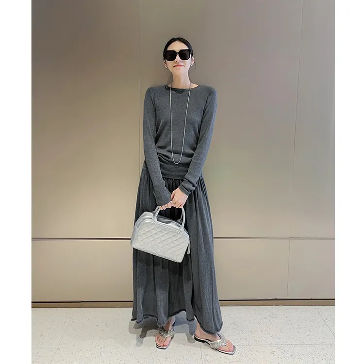 灰色休闲针织套装女2025初秋慵懒风韩系简约套头T恤半身裙两件套