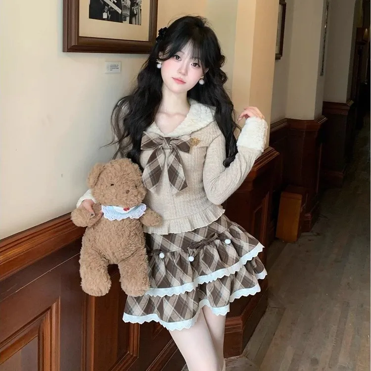 可可栗子乖巧甜美蝴蝶结减龄上衣搭配可爱格纹蓬蓬半裙