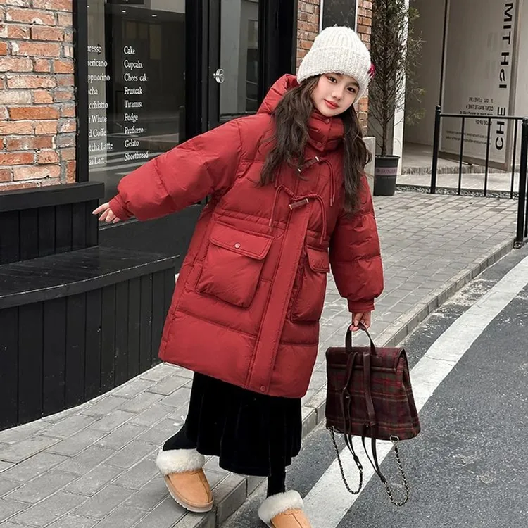 女童冬装长款棉服2025新款本命年拜年服衣服棉衣红色过年棉袄12岁