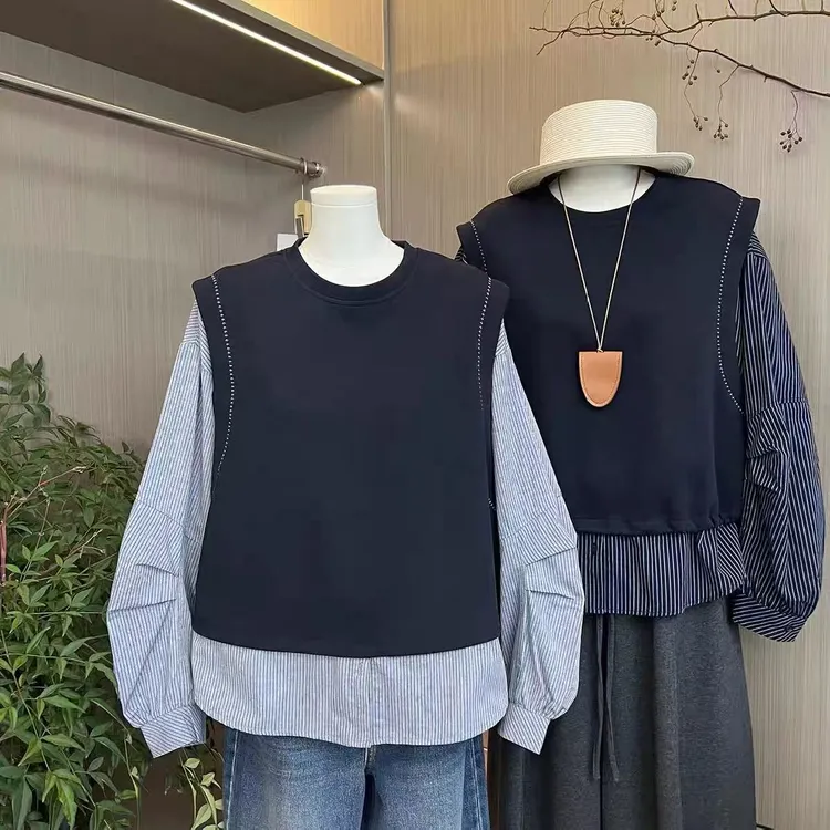 韩系条纹假两件长袖衬衫女秋季2025新款设计感宽松拼接超好看上衣