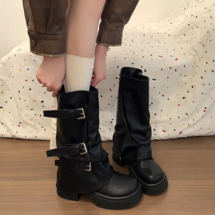 黑色高级感英伦风厚底马丁靴女款2025新款秋季配裙子显瘦两穿靴子