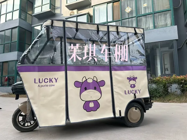 2025三轮车加厚高档皮革紫色小牛车棚雨棚UV打印卡通图案遮阳挡雨