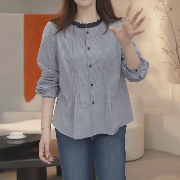 时尚气质花边圆领条纹长袖衬衫女2025年秋季新款宽松休闲百搭上衣