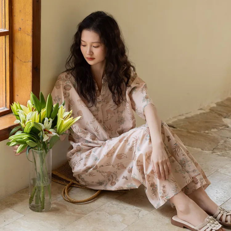 族玛士春夏季2025新款睡衣女短袖长裤法式纯棉简约大码家居服套装
