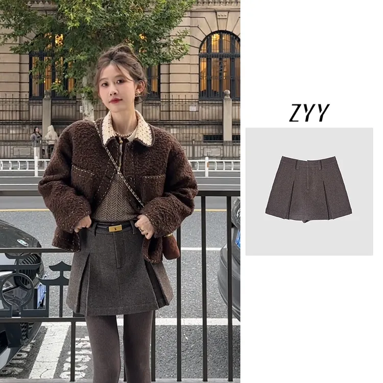 ZYY【韩剧女主】2025S/S新品新款毛呢A字百褶短裙裤裙X25QDQ04703