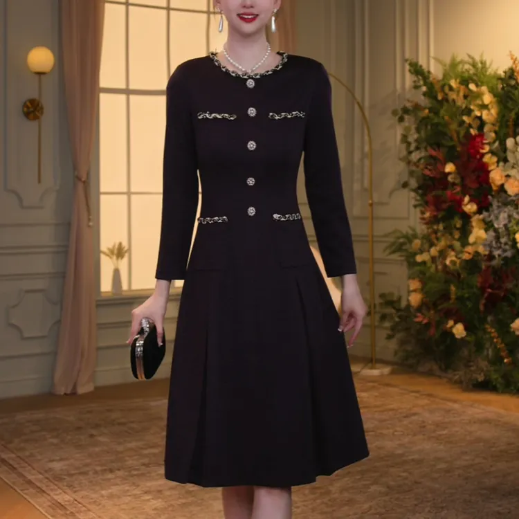 【香妮芬】83529洋气2025秋季新款蓝紫色连衣裙女高贵女装长袖裙