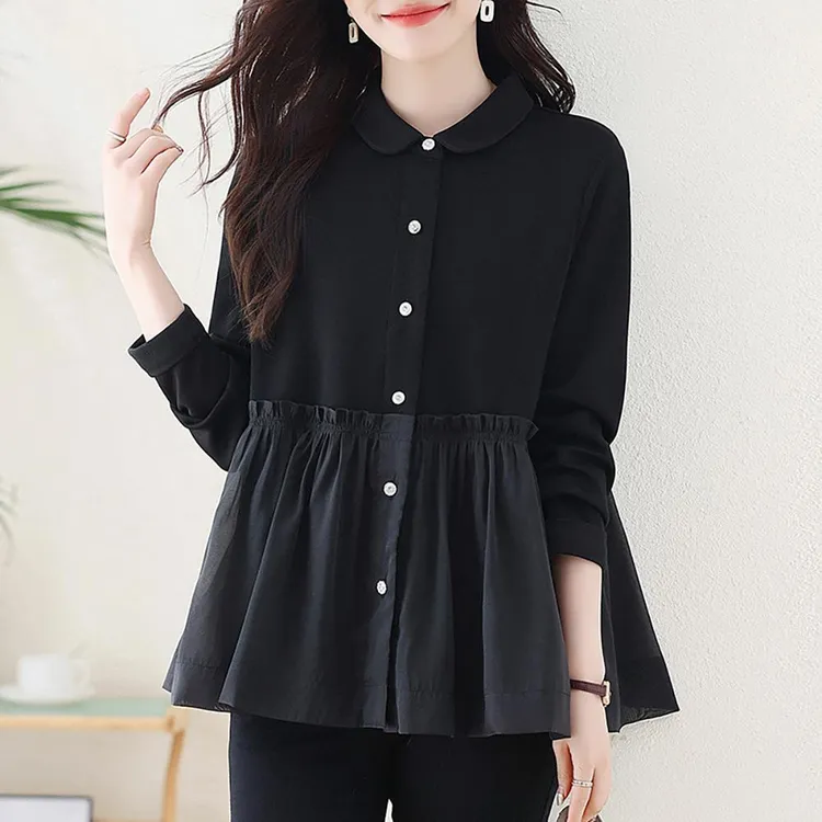 时尚拼接衬衫女士2025秋季大码宽松型显瘦洋气减龄假两件裙摆上衣