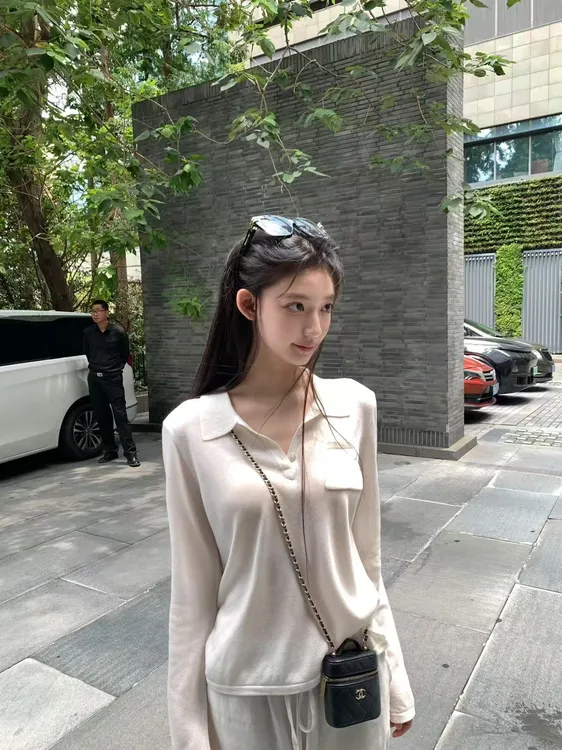 2025早秋新款韩系polo领纽扣长袖T恤修身显瘦气质上衣百搭休闲裤