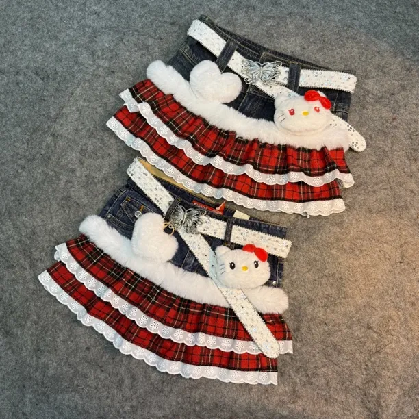 Y2K原创手作圣诞风牛仔拼接裙限定款库存不多古着默认微瑕